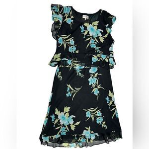 Vintage Two Piece Midi Skirt Set Matching Top Formal Black Blue Flowers Floral